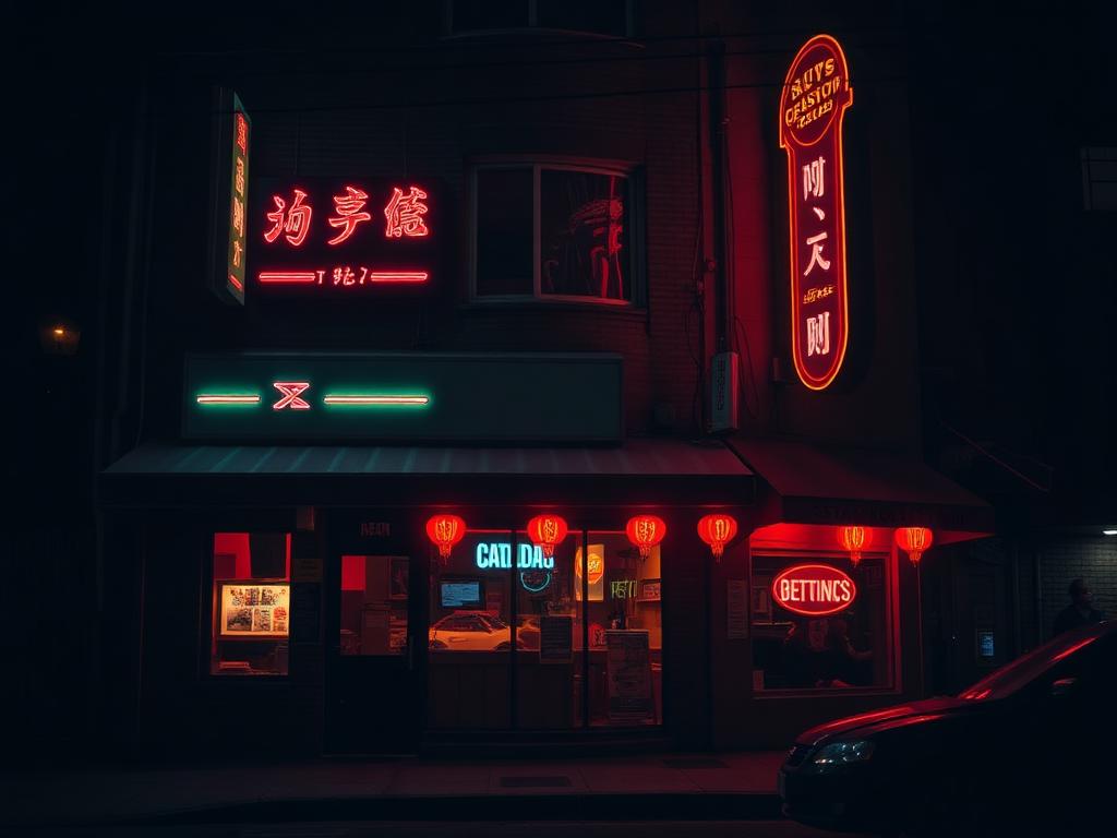 Neonoplyst butiksfacade om aftenen